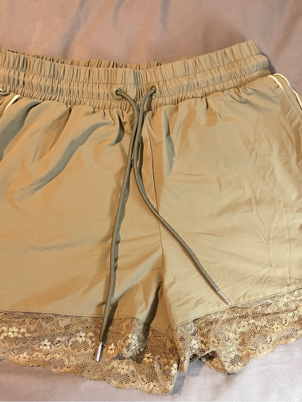 Terez Lace Trim Satin Lounge Shorts in Olive